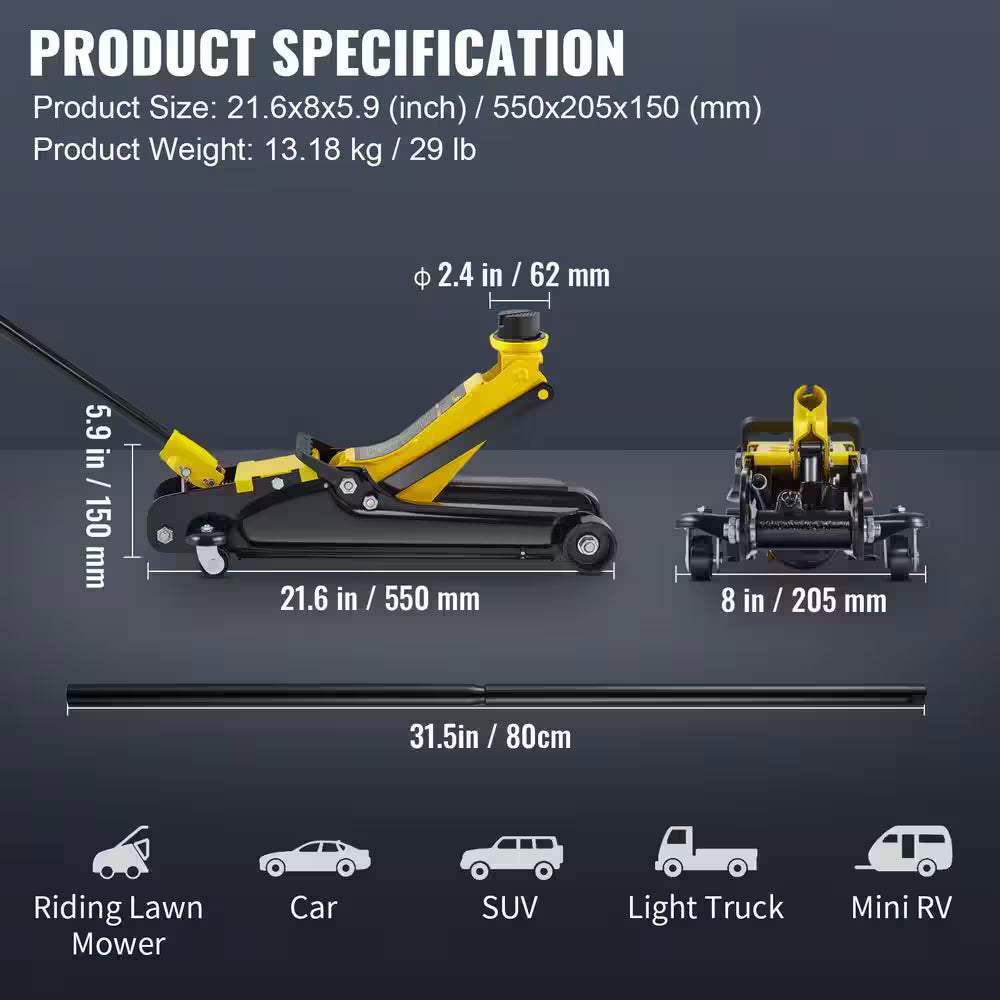 Low Profile Floor Jack 2.5 Ton Heavy Steel Single Piston Hydraulic Pump Heavy-Strength Steel Construction