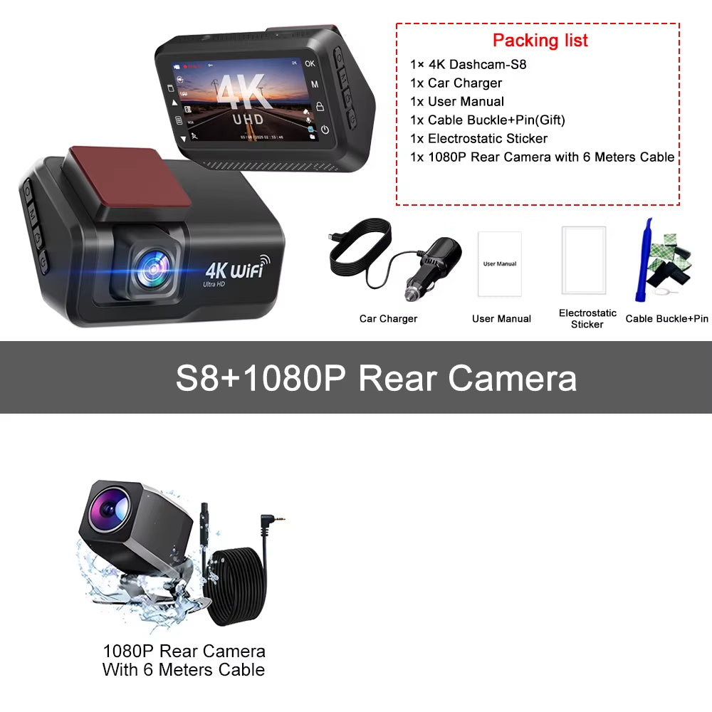 4K UHD Dash Cam Wifi Car DVR Front and Rear Dual Lens Auto Car Camera with Night Vision 24H Parking Monitor Black Box
