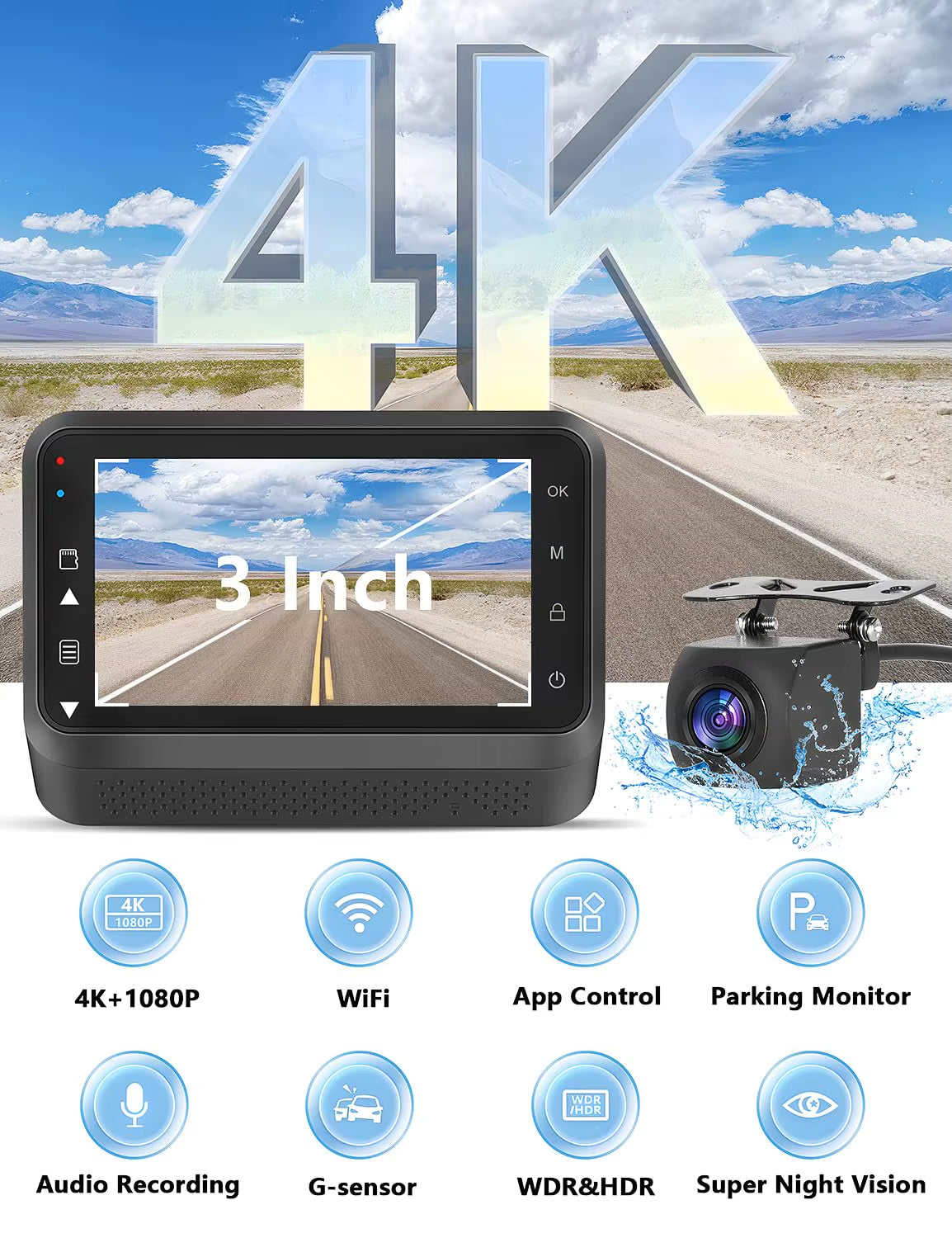 4K UHD Dash Cam Wifi Car DVR Front and Rear Dual Lens Auto Car Camera with Night Vision 24H Parking Monitor Black Box