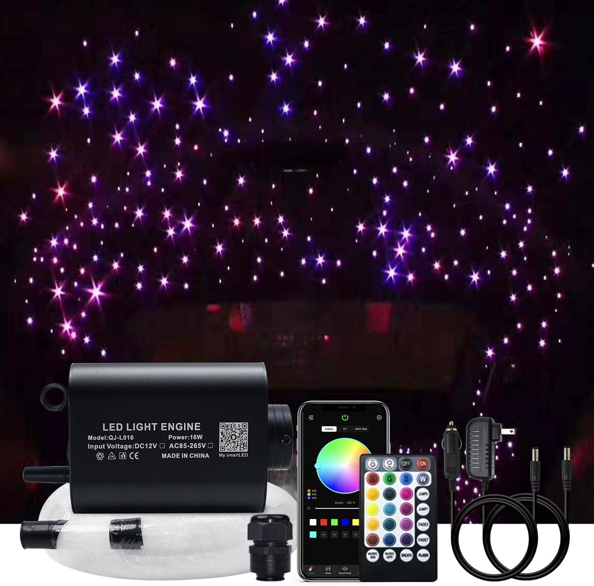 Car Home 16W Fiber Optic Lights Star Ceiling Light Kit App+Music Control Effect, RGBW Sound Sensor Light Source with 28Key RF Musical Remote with Mixed Fiber Cable 335Pcs(0.75+1+1.5Mm)13.1Ft/4M