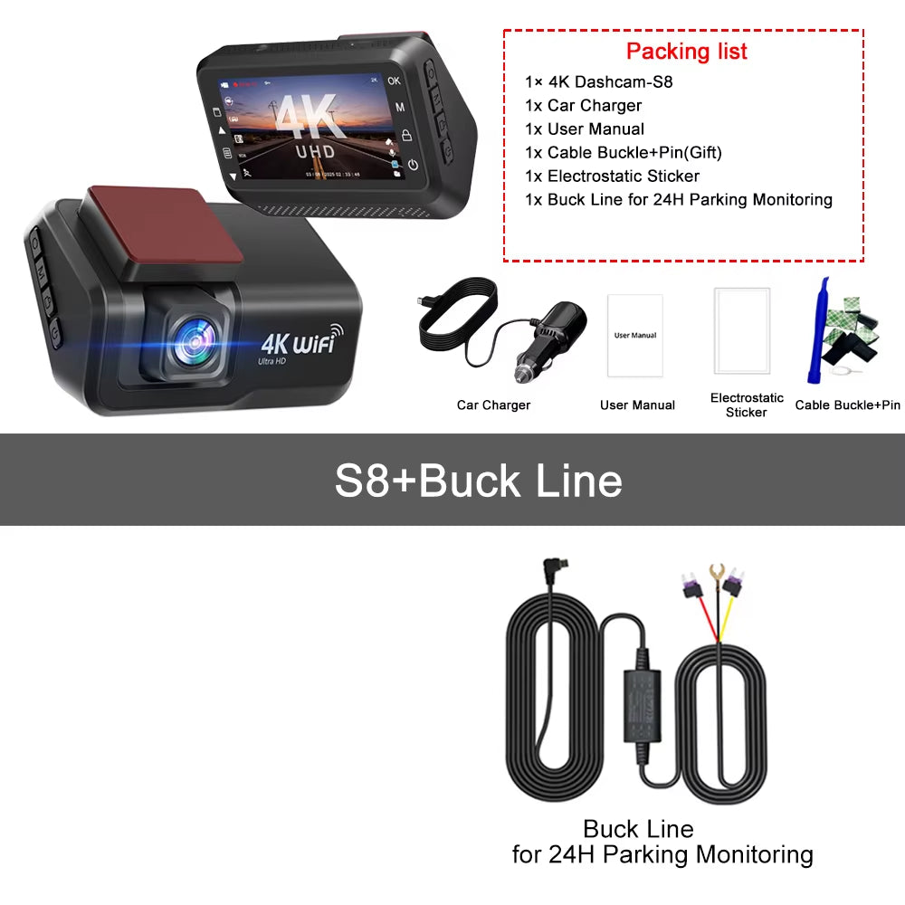 4K UHD Dash Cam Wifi Car DVR Front and Rear Dual Lens Auto Car Camera with Night Vision 24H Parking Monitor Black Box
