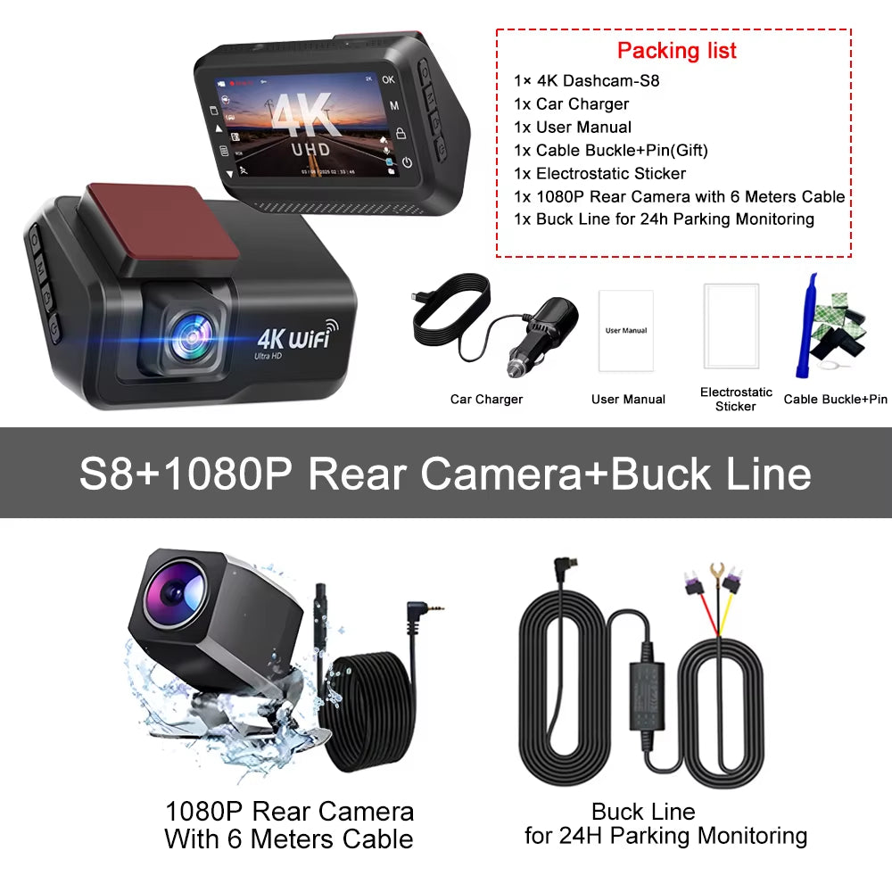 4K UHD Dash Cam Wifi Car DVR Front and Rear Dual Lens Auto Car Camera with Night Vision 24H Parking Monitor Black Box