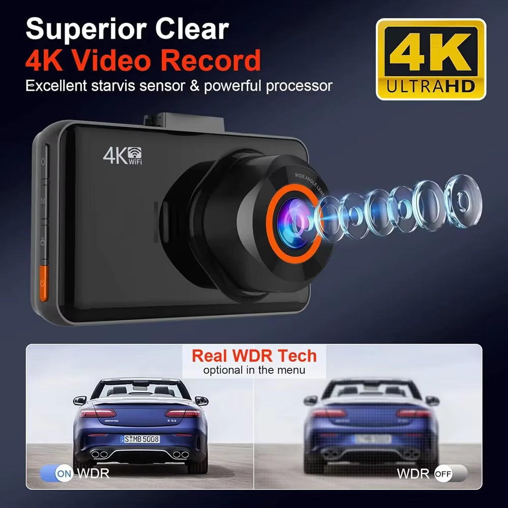 4K Wifi Dash Cam for Cars Front and Rear Dual Lens Auto Dashcam Time-Lapse Video Built-In Wifi Support 24H Parking Monitor
