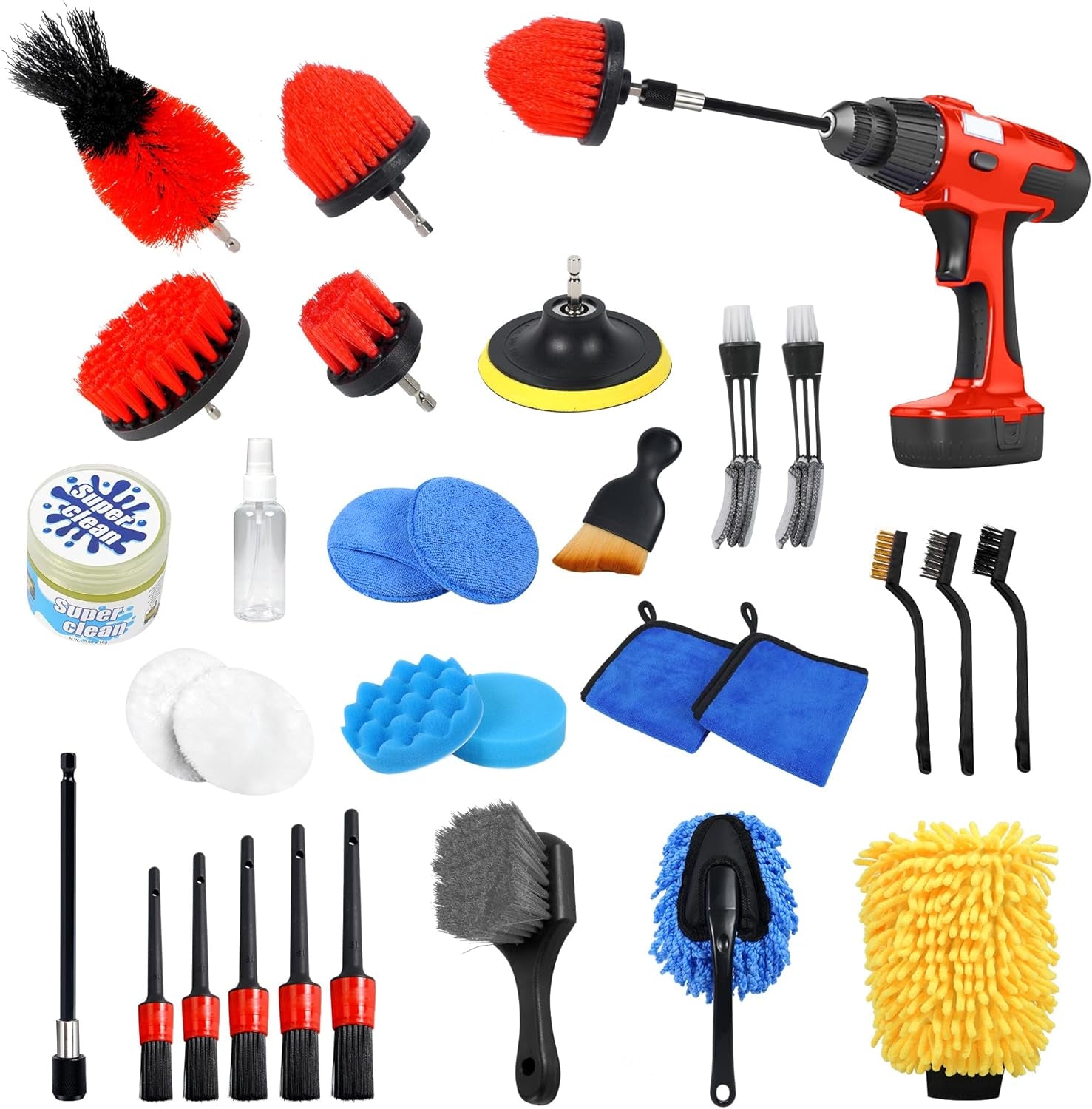 30Pcs Car Detailing Kit with Drill Brush, Interior & Exterior Cleaning, Polishing & Waxing Tools (30Pcs)
