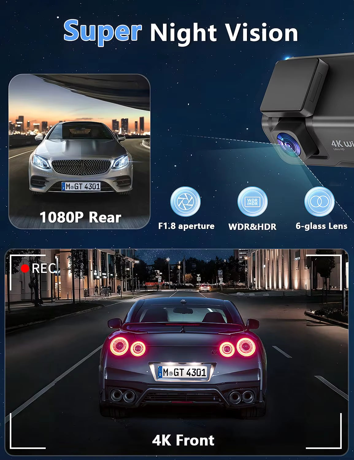 4K UHD Dash Cam Wifi Car DVR Front and Rear Dual Lens Auto Car Camera with Night Vision 24H Parking Monitor Black Box