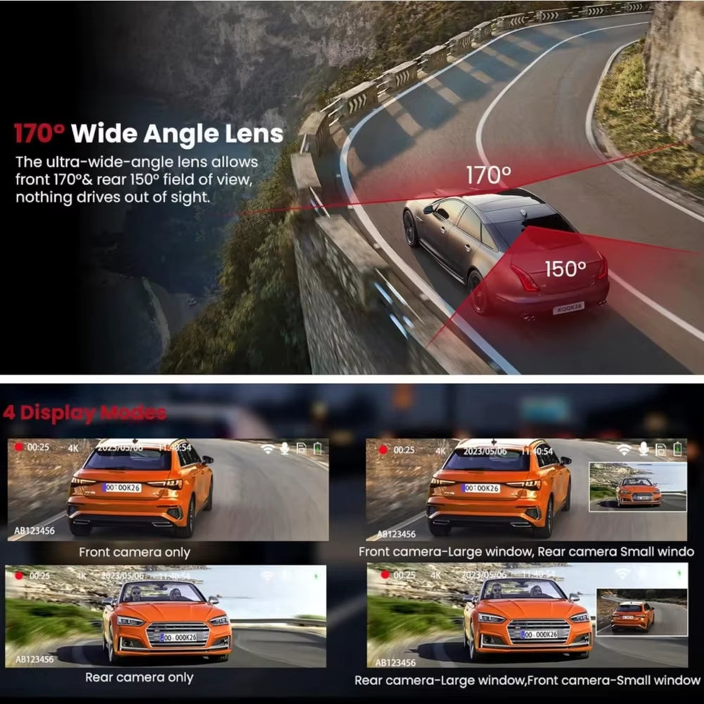 4K Wifi Dash Cam for Cars Front and Rear Dual Lens Auto Dashcam Time-Lapse Video Built-In Wifi Support 24H Parking Monitor