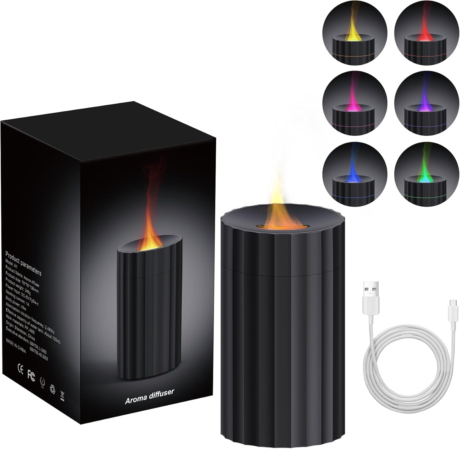 Car Diffuser, Black Car Humidifier,Flame Diffuser for Essential Oils - Mini Portable Humidifier Cool Mist,100Ml Colorful Air Aroma Diffuser,Aromatherapy Diffuser for Home Office