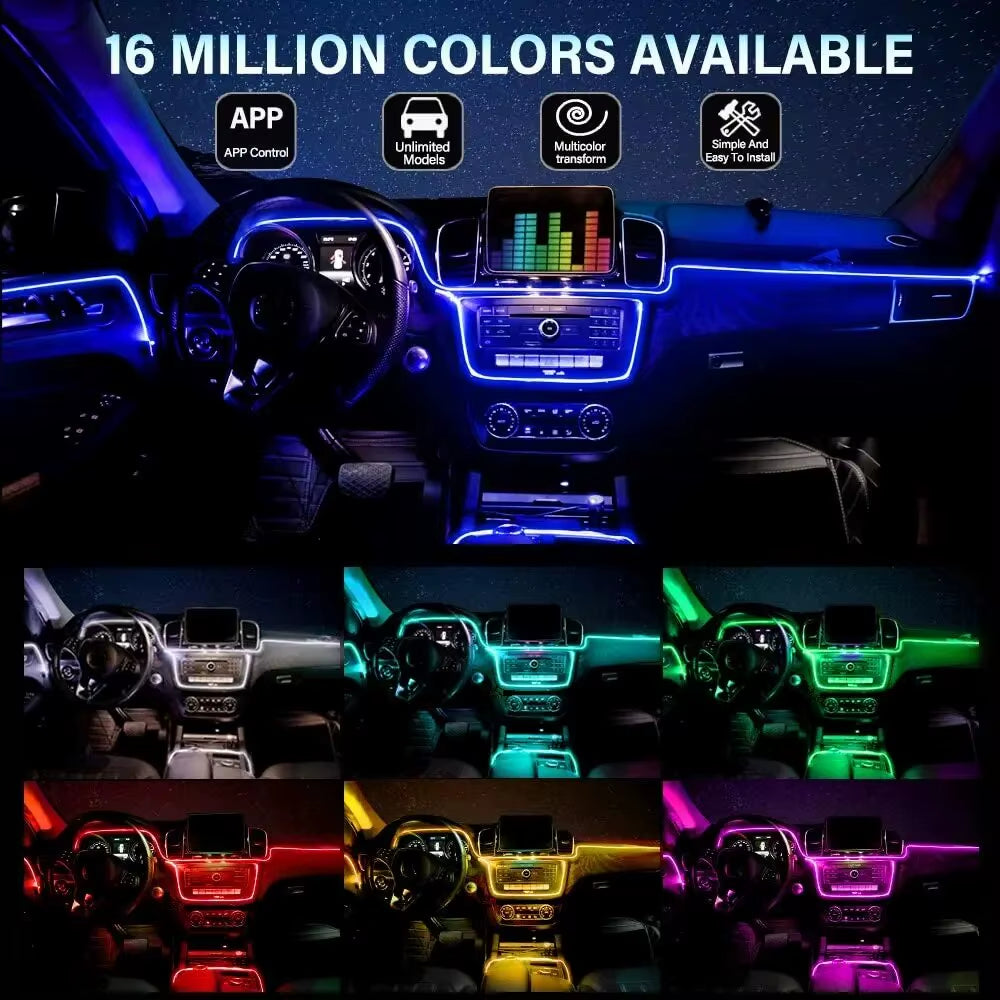 Neon Car LED Interior Lights RGB Ambient Light Fiber Optic Kit with APP Wireless Control LED Auto Atmosphere Decorative Lamp