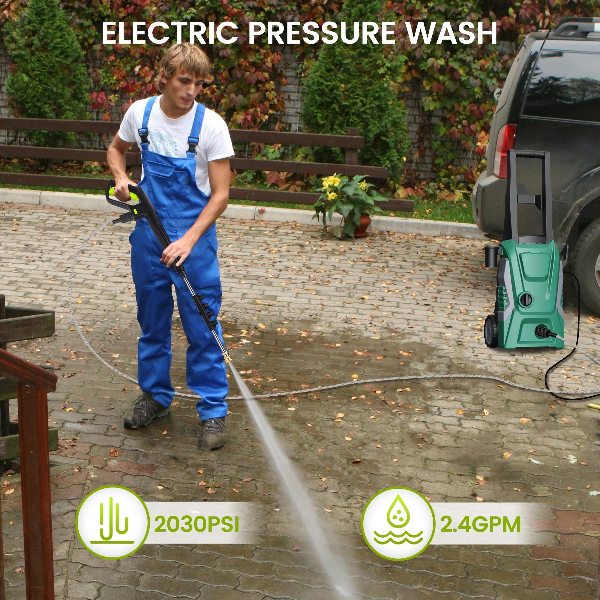 Electric Pressure Washer with 32 Ft Hose, 2030 PSI Max 2.4 GPM 220V with Foam Cannon 4 Nozzles for Cleaning Cars Patios Driveways Fences Pools