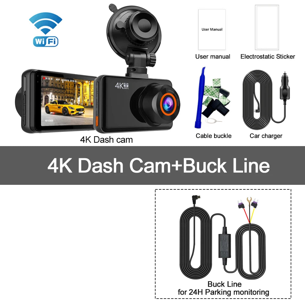 4K Wifi Dash Cam for Cars Front and Rear Dual Lens Auto Dashcam Time-Lapse Video Built-In Wifi Support 24H Parking Monitor