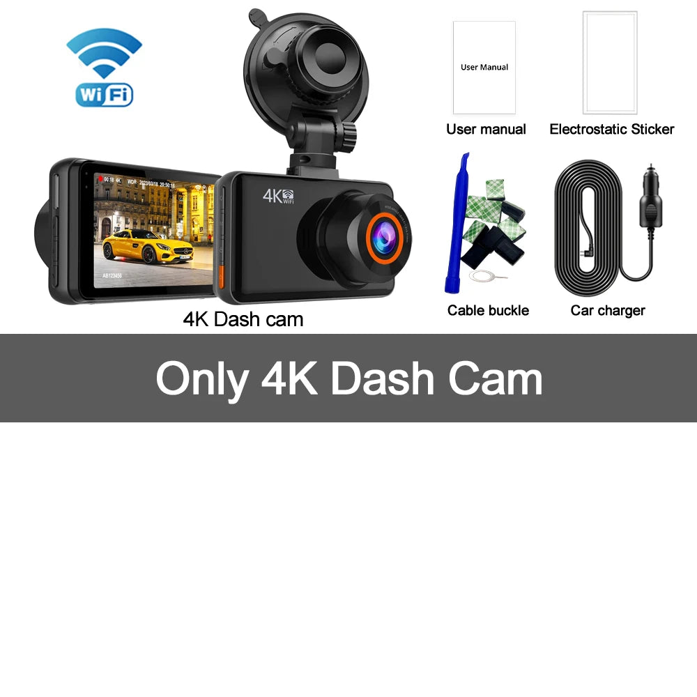 4K Wifi Dash Cam for Cars Front and Rear Dual Lens Auto Dashcam Time-Lapse Video Built-In Wifi Support 24H Parking Monitor