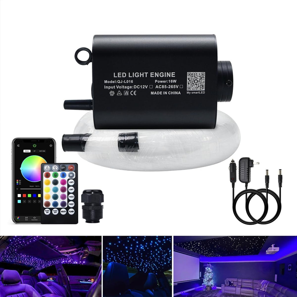 16W Car Home Use Fiber Optic Lights Star Ceiling Light Kit APP + Music Control, RGBW Sound Sensor Light Source with 28Key RF Musical Remote with Mixed Fiber Cable 295Pcs（0.75+1+1.5Mm）9.8Ft/3M