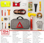 Emergency Car Kits for Vehicles - Roadside Emergency Car Kit (104 Pieces) - Car Kits for Emergency - Roadside Car Kit with Jumper Cables and Mini First Aid Kit - Gray Bag
