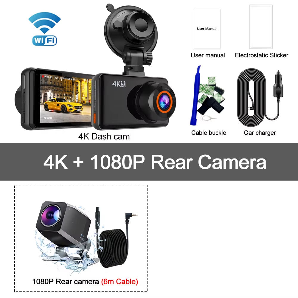 4K Wifi Dash Cam for Cars Front and Rear Dual Lens Auto Dashcam Time-Lapse Video Built-In Wifi Support 24H Parking Monitor