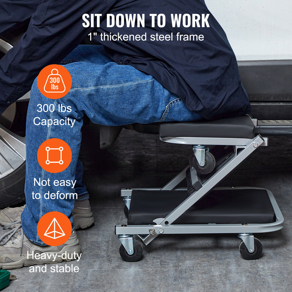 Mechanic Creeper 36''300Lbs 2 in 1 Folding Rolling Garage Stool Shop Chair