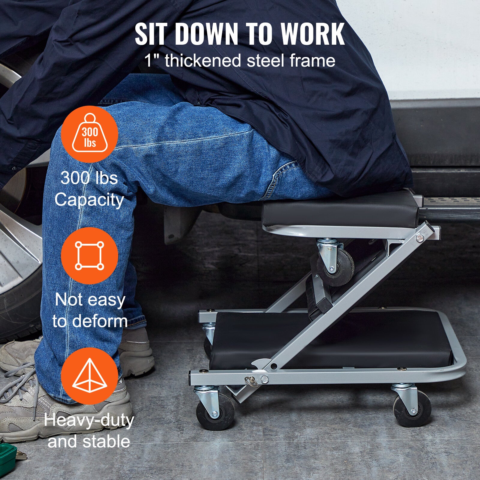 Mechanic Creeper 36''300Lbs 2 in 1 Folding Rolling Garage Stool Shop Chair