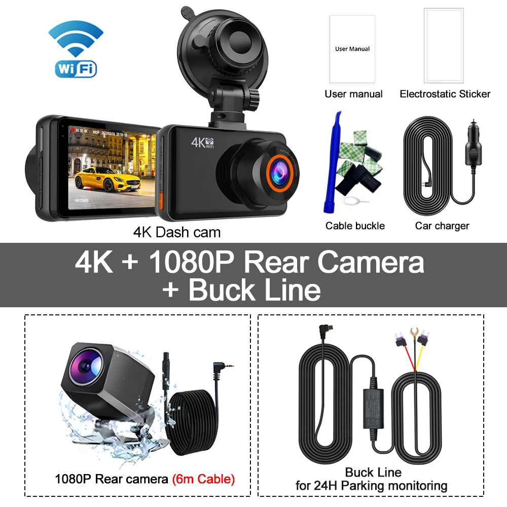 4K Wifi Dash Cam for Cars Front and Rear Dual Lens Auto Dashcam Time-Lapse Video Built-In Wifi Support 24H Parking Monitor