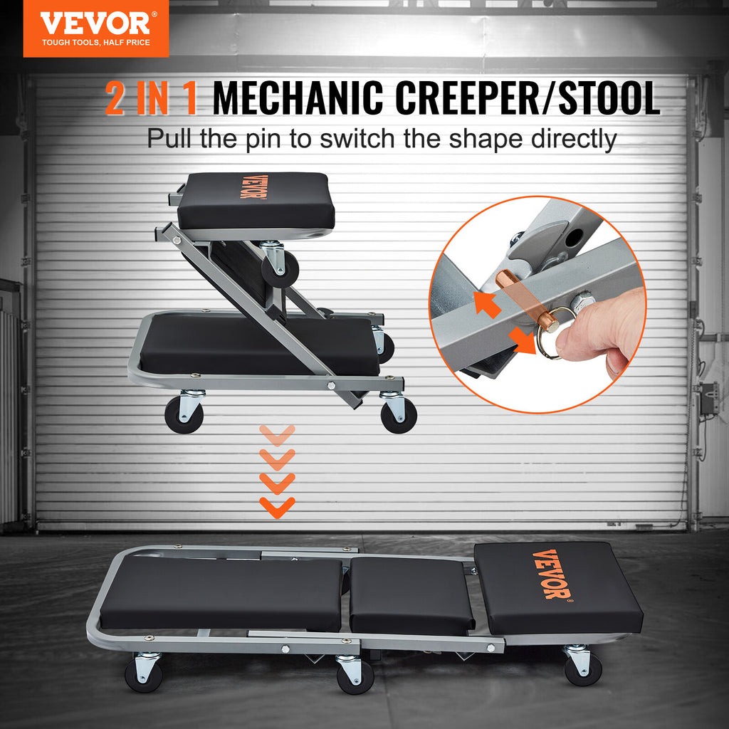 Mechanic Creeper 36''300Lbs 2 in 1 Folding Rolling Garage Stool Shop Chair