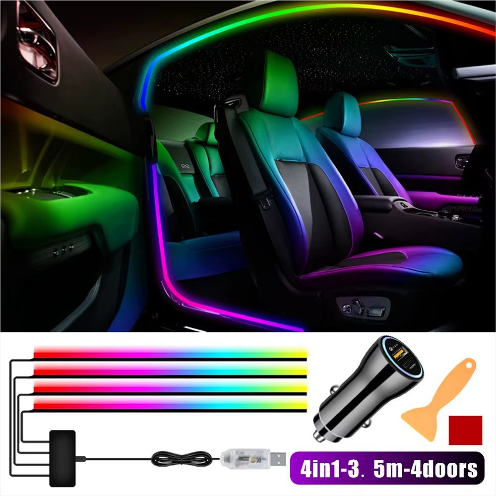 5In1 LED Interior Car Door Light Ambient Strips Light Car Decoration with Remote Control 8 Modes USB App Control Car Accessories
