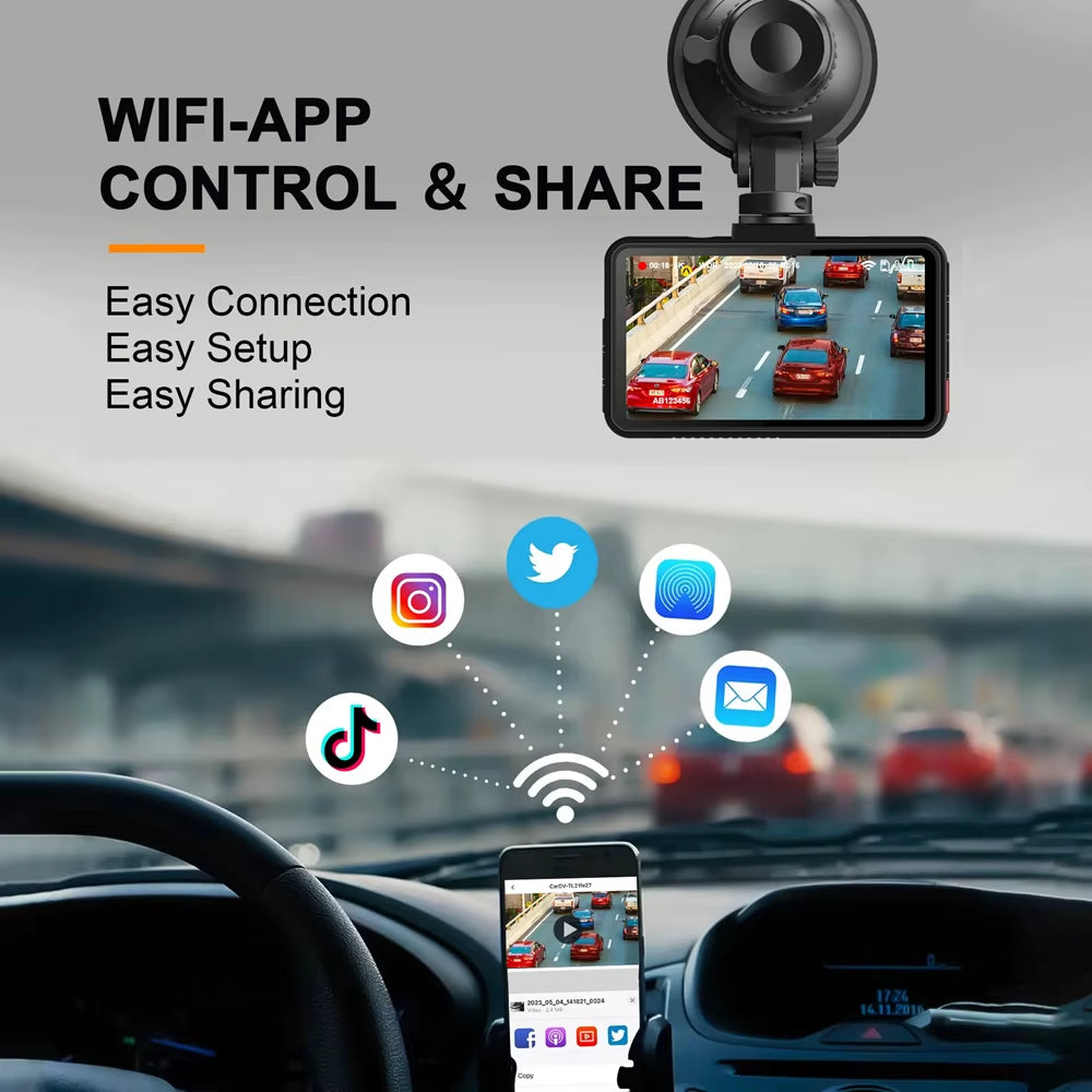 4K Wifi Dash Cam for Cars Front and Rear Dual Lens Auto Dashcam Time-Lapse Video Built-In Wifi Support 24H Parking Monitor