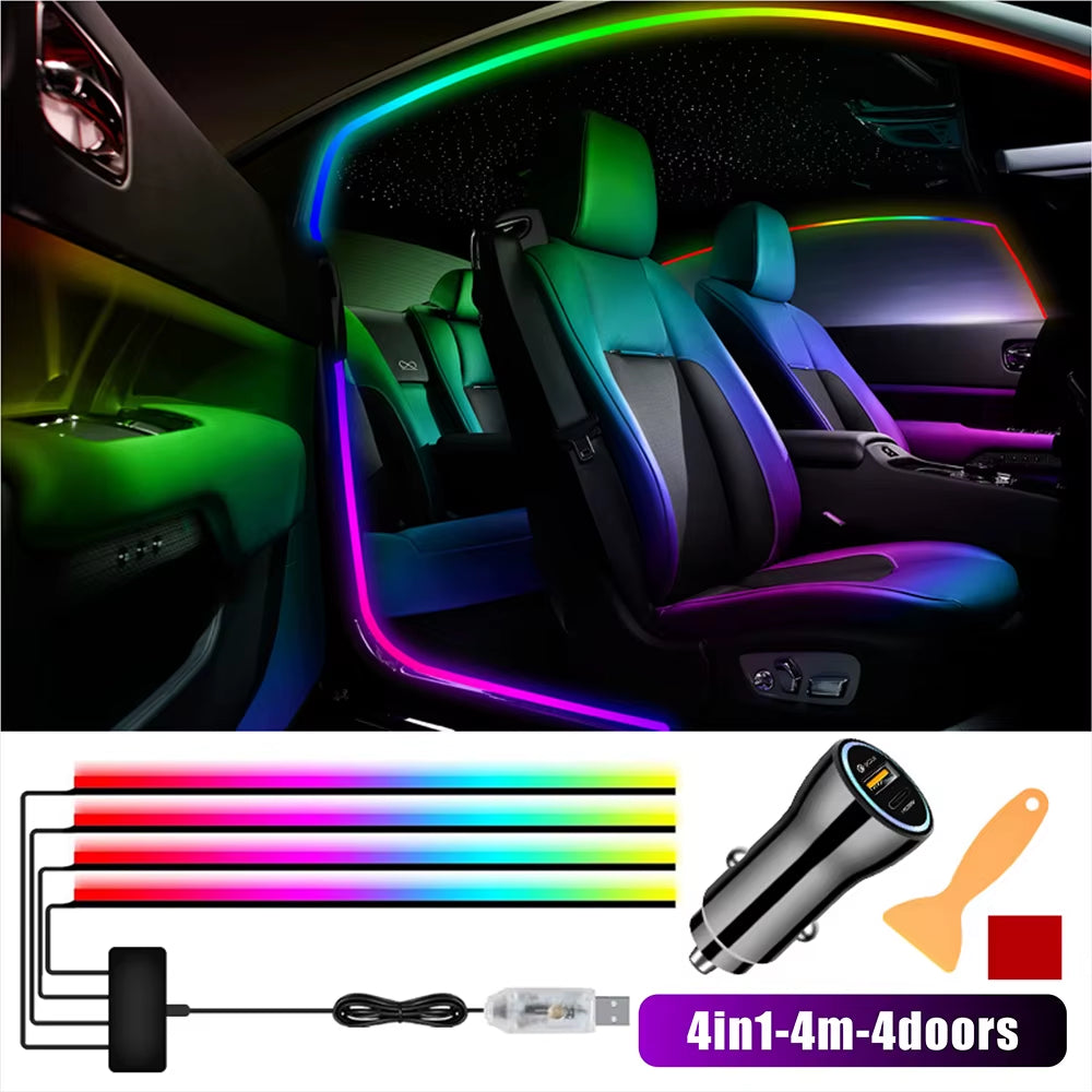 5In1 LED Interior Car Door Light Ambient Strips Light Car Decoration with Remote Control 8 Modes USB App Control Car Accessories